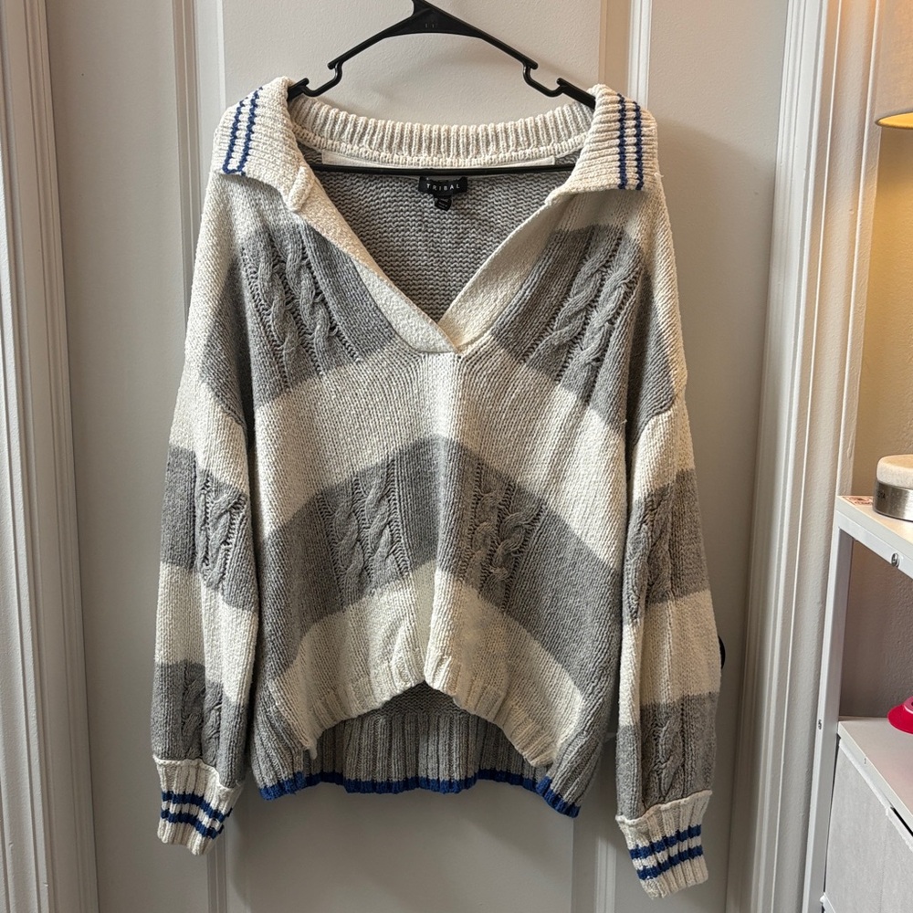 Tribal Cream, Gray & Blue Striped V‑Neck Sweater